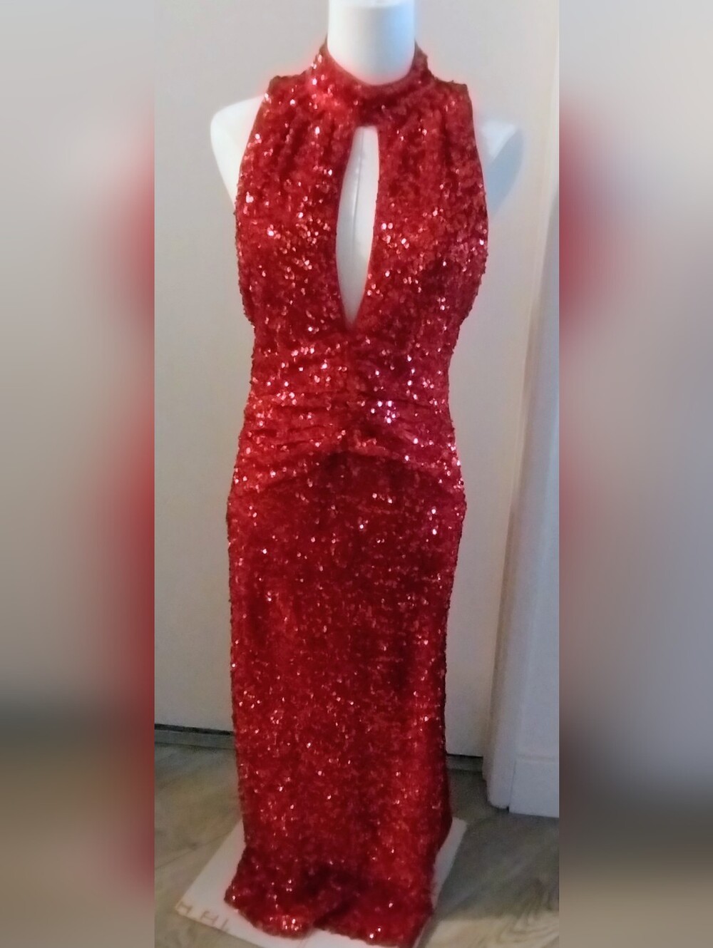 Vici Red Sequin Plunge Neck Prom Dress